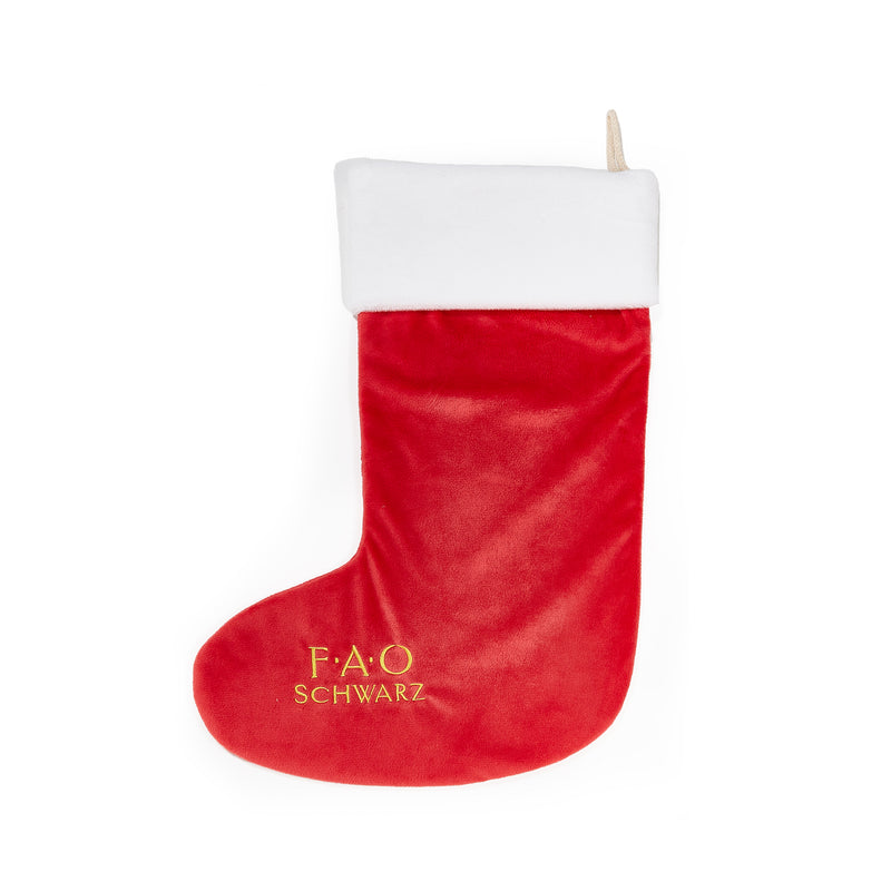 front View Red Christmas stocking with white cuff and FAO Schwarz logo on a white background