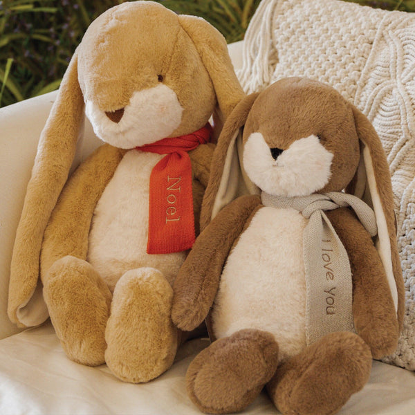 Two plush bunny toys wearing embroidered knit scarves with messages "Noel" and "I love you"