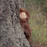 A brown plush stuffed animal with a smiling face patch, peeking out from behind a large tree trunk in an outdoor grassy setting.