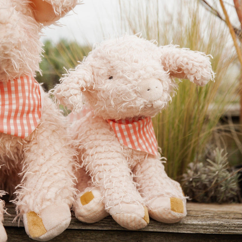 Fluffy Hammie the pig plush toy with a red checkered scarf sitting on a wooden surface with grass in the background.