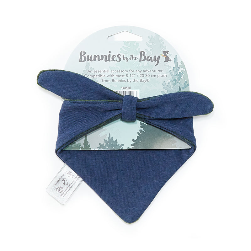 Navy blue bandana scarf tied on a branded card, displayed against a white background.