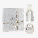 Set of baby blankets and soft toys with 'Bunnies by the Bay' branding on a white background.