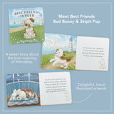 An image featuring the cover and two interior spreads from a children's book. It features hand illustrated drawings of a bunny and a puppy being best friends.