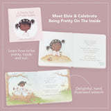 An image featuring the cover and two interior spreads of a children's book, showing hand illustrated drawings of a little girl with animal companions.