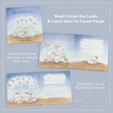 An image featuring the cover and two interior spreads of a children's book with hand drawn illustrations of a lamb and chickens.