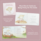 An image featuring the cover and two interior spreads of a children's book, showing hand illustrated drawings of a little girl with animal companions.