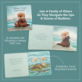 An image featuring the cover and two interior spreads of a children's book, featuring hand illustrated artwork of a family of otters.