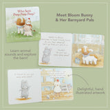 Image featuring the cover and two interior spreads of a children's book. The book shows farm animals in a barn setting.