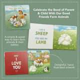 Image featuring the cover and two interior spreads of a children's board book featuring hand drawn illustrations of farm animals.