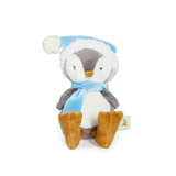 Plush penguin toy with a blue hat and scarf on a white background