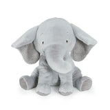 Gray plush elephant toy on a white background
