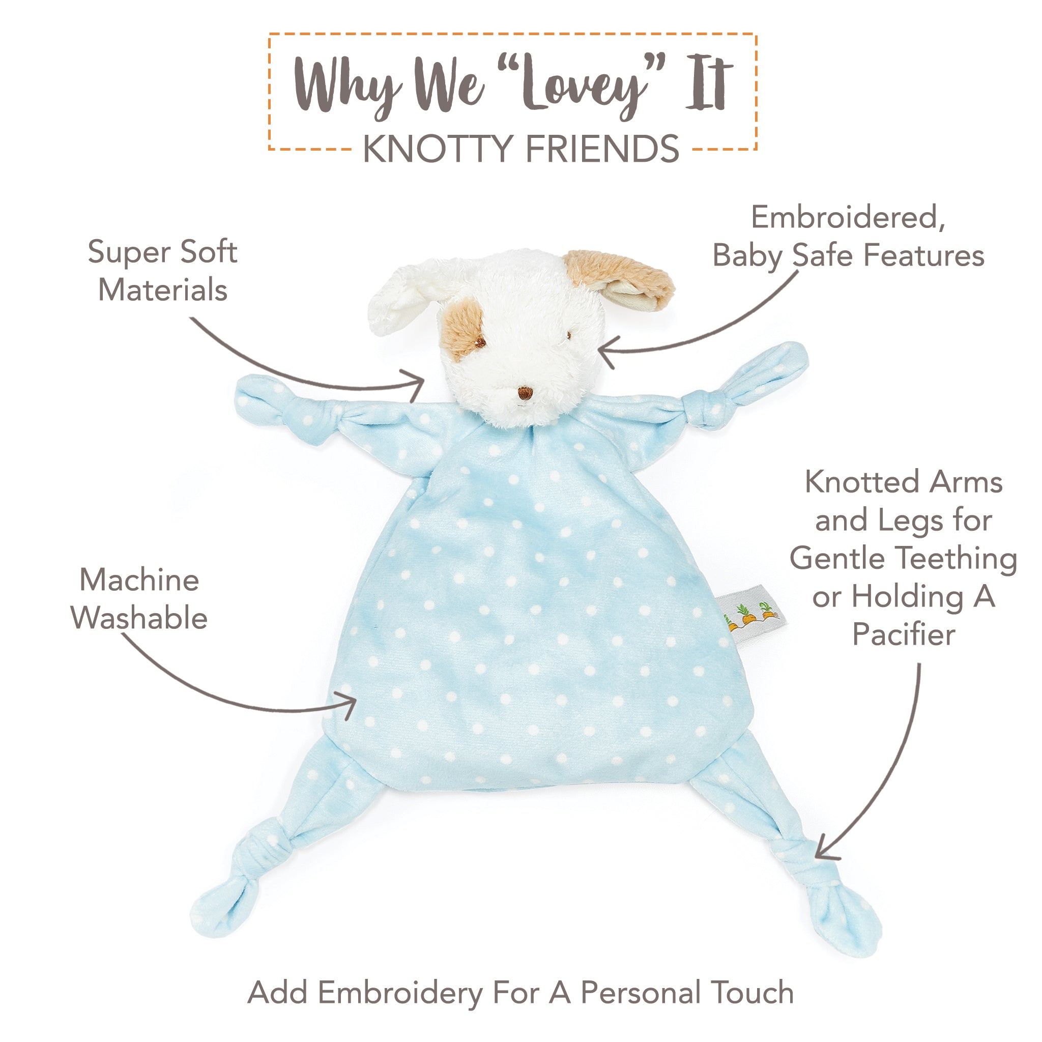 Blue puppy lovey with features listed